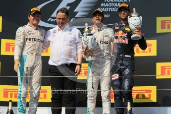 World © Octane Photographic Ltd. Mercedes AMG Petronas W07 Hybrid – Lewis Hamilton and Nico Rosberg and Red Bull Racing RB12 – Daniel Ricciardo. Sunday 24th July 2016, F1 Hungarian GP Podium, Hungaroring, Hungary. Digital Ref :