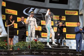 World © Octane Photographic Ltd. Mercedes AMG Petronas W07 Hybrid – Lewis Hamilton and Nico Rosberg and Red Bull Racing RB12 – Daniel Ricciardo. Sunday 24th July 2016, F1 Hungarian GP Podium, Hungaroring, Hungary. Digital Ref :