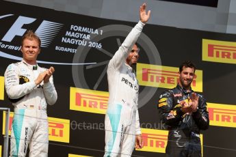 World © Octane Photographic Ltd. Mercedes AMG Petronas W07 Hybrid – Lewis Hamilton and Nico Rosberg and Red Bull Racing RB12 – Daniel Ricciardo. Sunday 24th July 2016, F1 Hungarian GP Podium, Hungaroring, Hungary. Digital Ref :