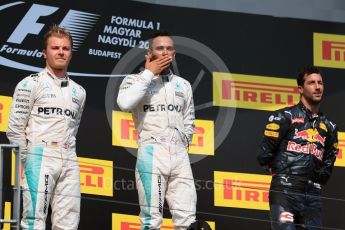 World © Octane Photographic Ltd. Mercedes AMG Petronas W07 Hybrid – Lewis Hamilton and Nico Rosberg and Red Bull Racing RB12 – Daniel Ricciardo. Sunday 24th July 2016, F1 Hungarian GP Podium, Hungaroring, Hungary. Digital Ref :