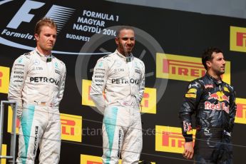 World © Octane Photographic Ltd. Mercedes AMG Petronas W07 Hybrid – Lewis Hamilton and Nico Rosberg and Red Bull Racing RB12 – Daniel Ricciardo. Sunday 24th July 2016, F1 Hungarian GP Podium, Hungaroring, Hungary. Digital Ref :