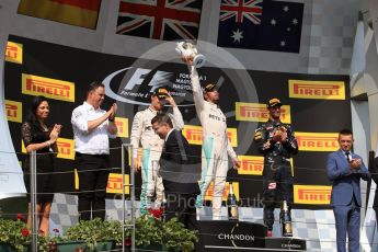 World © Octane Photographic Ltd. Mercedes AMG Petronas W07 Hybrid – Lewis Hamilton and Nico Rosberg and Red Bull Racing RB12 – Daniel Ricciardo. Sunday 24th July 2016, F1 Hungarian GP Podium, Hungaroring, Hungary. Digital Ref :