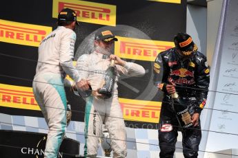 World © Octane Photographic Ltd. Mercedes AMG Petronas W07 Hybrid – Lewis Hamilton and Nico Rosberg and Red Bull Racing RB12 – Daniel Ricciardo. Sunday 24th July 2016, F1 Hungarian GP Podium, Hungaroring, Hungary. Digital Ref :