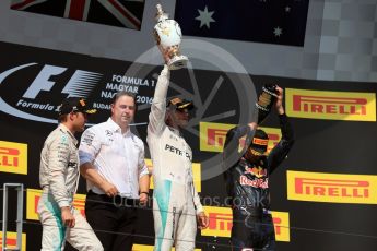 World © Octane Photographic Ltd. Mercedes AMG Petronas W07 Hybrid – Lewis Hamilton and Nico Rosberg and Red Bull Racing RB12 – Daniel Ricciardo. Sunday 24th July 2016, F1 Hungarian GP Podium, Hungaroring, Hungary. Digital Ref :