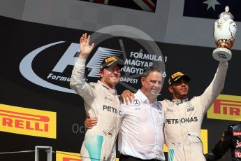 World © Octane Photographic Ltd. Mercedes AMG Petronas W07 Hybrid – Lewis Hamilton and Nico Rosberg. Sunday 24th July 2016, F1 Hungarian GP Podium, Hungaroring, Hungary. Digital Ref :