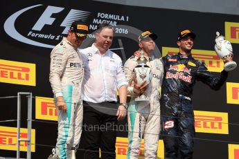 World © Octane Photographic Ltd. Mercedes AMG Petronas W07 Hybrid – Lewis Hamilton and Nico Rosberg and Red Bull Racing RB12 – Daniel Ricciardo. Sunday 24th July 2016, F1 Hungarian GP Podium, Hungaroring, Hungary. Digital Ref :