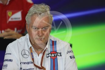 World © Octane Photographic Ltd. F1 Hungarian GP FIA Personnel Press Conference, Hungaroring, Hungary. Friday 22nd July 2016. Pat Symonds – Williams Martini Racing Chief Technical Officer. Digital Ref : 1643LB1D2511