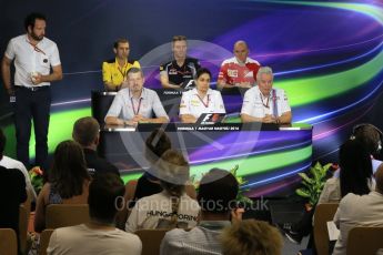 World © Octane Photographic Ltd. F1 Hungarian GP FIA Personnel Press Conference, Hungaroring, Hungary. Friday 22nd July 2016. Jock Clear – Scuderia Ferrari Senior Performance Engineer, Guenther Steiner – Haas F1 Team – Team Principal, Monisha Kaltenborn – Sauber F1 Team - Team Principal, James Key – Scuderia Toro Rosso Technical Director, Pat Symonds – Williams Martini Racing Chief Technical Officer and Remi Taffin – Renault Sport F1 Team Engine Technical Director. Digital Ref : 1643LB2D1396