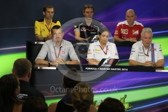 World © Octane Photographic Ltd. F1 Hungarian GP FIA Personnel Press Conference, Hungaroring, Hungary. Friday 22nd July 2016. Jock Clear – Scuderia Ferrari Senior Performance Engineer, Guenther Steiner – Haas F1 Team – Team Principal, Monisha Kaltenborn – Sauber F1 Team - Team Principal, James Key – Scuderia Toro Rosso Technical Director, Pat Symonds – Williams Martini Racing Chief Technical Officer and Remi Taffin – Renault Sport F1 Team Engine Technical Director. Digital Ref : 1643LB2D1399