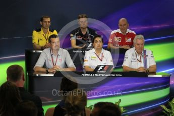 World © Octane Photographic Ltd. F1 Hungarian GP FIA Personnel Press Conference, Hungaroring, Hungary. Friday 22nd July 2016. Jock Clear – Scuderia Ferrari Senior Performance Engineer, Guenther Steiner – Haas F1 Team – Team Principal, Monisha Kaltenborn – Sauber F1 Team - Team Principal, James Key – Scuderia Toro Rosso Technical Director, Pat Symonds – Williams Martini Racing Chief Technical Officer and Remi Taffin – Renault Sport F1 Team Engine Technical Director. Digital Ref : 1643LB2D1407