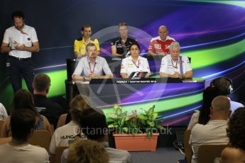 World © Octane Photographic Ltd. F1 Hungarian GP FIA Personnel Press Conference, Hungaroring, Hungary. Friday 22nd July 2016. Jock Clear – Scuderia Ferrari Senior Performance Engineer, Guenther Steiner – Haas F1 Team – Team Principal, Monisha Kaltenborn – Sauber F1 Team - Team Principal, James Key – Scuderia Toro Rosso Technical Director, Pat Symonds – Williams Martini Racing Chief Technical Officer and Remi Taffin – Renault Sport F1 Team Engine Technical Director. Digital Ref : 1643LB2D1413