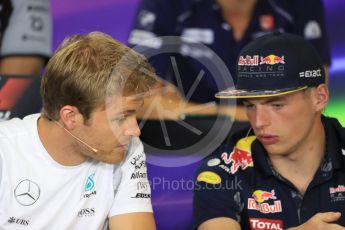 World © Octane Photographic Ltd. F1 British GP FIA Drivers’ Press Conference, Hungaroring, Hungary. Thursday 21st July 2016. Mercedes AMG Petronas – Nico Rosberg and Red Bull Racing – Max Verstappen. Digital Ref :1635LB1D0050