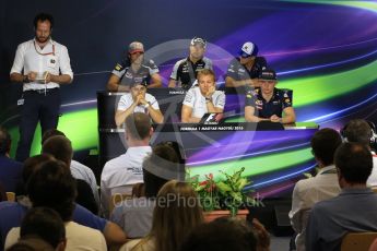 World © Octane Photographic Ltd. F1 British GP FIA Drivers’ Press Conference, Hungaroring, Hungary. Thursday 21st July 2016. Sauber F1 Team – Marcus Ericsson, Williams Martini Racing – Felipe Massa, Sahara Force India - Sergio Perez, Mercedes AMG Petronas – Nico Rosberg, Scuderia Toro Rosso – Carlos Sainz and Red Bull Racing – Max Verstappen. Digital Ref :1635LB1D0444