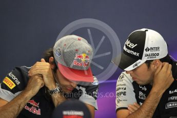 World © Octane Photographic Ltd. F1 British GP FIA Drivers’ Press Conference, Hungaroring, Hungary. Thursday 21st July 2016. Scuderia Toro Rosso – Carlos Sainz and Sahara Force India - Sergio Perez. Digital Ref :1635LB1D9659