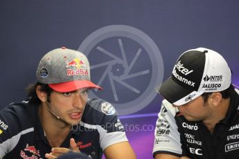 World © Octane Photographic Ltd. F1 British GP FIA Drivers’ Press Conference, Hungaroring, Hungary. Thursday 21st July 2016. Scuderia Toro Rosso – Carlos Sainz and Sahara Force India - Sergio Perez. Digital Ref :1635LB1D9833