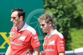 World © Octane Photographic Ltd. Scuderia Ferrari SF16-H – Sebastian Vettel and Riccardo Adami (Race Engineer). Thursday 21st July 2016, F1 Hungarian GP trackwalk, Hungaroring, Hungary. Digital Ref :1636CB1D5481