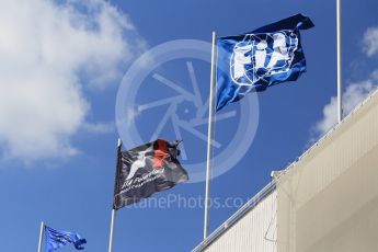 World © Octane Photographic Ltd. FIA and F1 flags. Thursday 21st July 2016, F1 Hungarian GP Paddock, Hungaroring, Hungary. Digital Ref :1636CB1D5821