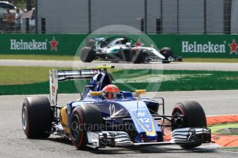 World © Octane Photographic Ltd. Sauber F1 Team C35 – Felipe Nasr and Mercedes AMG Petronas W07 Hybrid – Lewis Hamilton. Saturday 3rd September 2016, F1 Italian GP Qualifying, Monza, Italy. Digital Ref :1705LB1D8469
