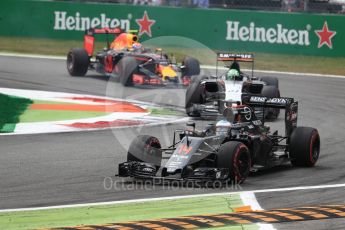 World © Octane Photographic Ltd. McLaren Honda MP4-31 – Fernando Alonso, Sahara Force India VJM09 - Nico Hulkenberg and Red Bull Racing RB12 – Max Verstappen. Sunday 4th September 2016, F1 Italian GP Race, Monza, Italy. Digital Ref :1710LB1D0427