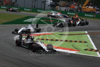 World © Octane Photographic Ltd. Sahara Force India VJM09 - Sergio Perez and Nico Hulkenberg racing with Williams Martini Racing, Williams Mercedes FW38 – Felipe Massa on the 2nd lap. Sunday 4th September 2016, F1 Italian GP Race, Monza, Italy. Digital Ref :1710LB2D6936