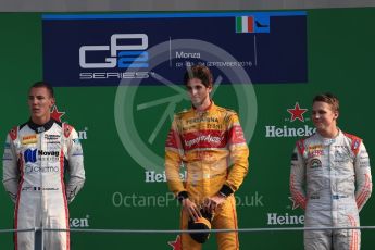 World © Octane Photographic Ltd. Prema Racing – Antonia Giovinazzi (1st), Russian Time – Raffaele Marciello (2nd) and Rapax – Gustav Malja (3rd). Saturday 3rd September 2016, GP2 Race 1 Podium, Monza, Italy. Digital Ref :1700LB1D8918