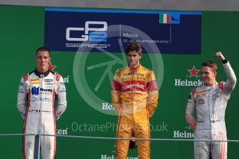 World © Octane Photographic Ltd. Prema Racing – Antonia Giovinazzi (1st), Russian Time – Raffaele Marciello (2nd) and Rapax – Gustav Malja (3rd). Saturday 3rd September 2016, GP2 Race 1 Podium, Monza, Italy. Digital Ref :1700LB1D8936