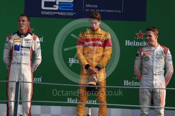 World © Octane Photographic Ltd. Prema Racing – Antonia Giovinazzi (1st), Russian Time – Raffaele Marciello (2nd) and Rapax – Gustav Malja (3rd). Saturday 3rd September 2016, GP2 Race 1 Podium, Monza, Italy. Digital Ref :1700LB1D8959