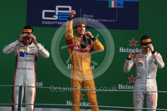 World © Octane Photographic Ltd. Prema Racing – Antonia Giovinazzi (1st), Russian Time – Raffaele Marciello (2nd) and Rapax – Gustav Malja (3rd). Saturday 3rd September 2016, GP2 Race 1 Podium, Monza, Italy. Digital Ref :1700LB1D8978