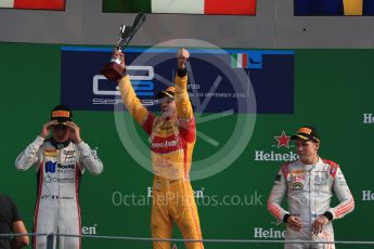 World © Octane Photographic Ltd. Prema Racing – Antonia Giovinazzi (1st), Russian Time – Raffaele Marciello (2nd) and Rapax – Gustav Malja (3rd). Saturday 3rd September 2016, GP2 Race 1 Podium, Monza, Italy. Digital Ref :1700LB1D8994