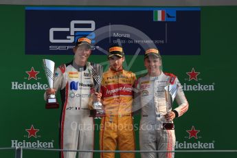 World © Octane Photographic Ltd. Prema Racing – Antonia Giovinazzi (1st), Russian Time – Raffaele Marciello (2nd) and Rapax – Gustav Malja (3rd). Saturday 3rd September 2016, GP2 Race 1 Podium, Monza, Italy. Digital Ref :1700LB1D9051