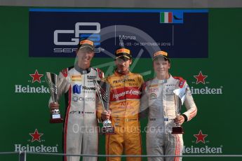 World © Octane Photographic Ltd. Prema Racing – Antonia Giovinazzi (1st), Russian Time – Raffaele Marciello (2nd) and Rapax – Gustav Malja (3rd). Saturday 3rd September 2016, GP2 Race 1 Podium, Monza, Italy. Digital Ref :1700LB1D9054