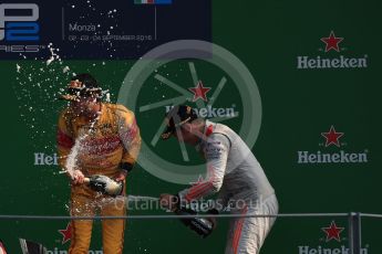 World © Octane Photographic Ltd. Prema Racing – Antonia Giovinazzi (1st) and Rapax – Gustav Malja (3rd). Saturday 3rd September 2016, GP2 Race 1 Podium, Monza, Italy. Digital Ref :1700LB1D9069