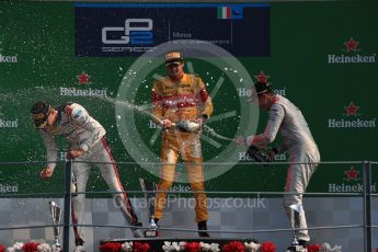 World © Octane Photographic Ltd. Prema Racing – Antonia Giovinazzi (1st), Russian Time – Raffaele Marciello (2nd) and Rapax – Gustav Malja (3rd). Saturday 3rd September 2016, GP2 Race 1 Podium, Monza, Italy. Digital Ref :1700LB1D9076