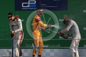 World © Octane Photographic Ltd. Prema Racing – Antonia Giovinazzi (1st), Russian Time – Raffaele Marciello (2nd) and Rapax – Gustav Malja (3rd). Saturday 3rd September 2016, GP2 Race 1 Podium, Monza, Italy. Digital Ref :1700LB1D9084