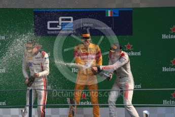 World © Octane Photographic Ltd. Prema Racing – Antonia Giovinazzi (1st), Russian Time – Raffaele Marciello (2nd) and Rapax – Gustav Malja (3rd). Saturday 3rd September 2016, GP2 Race 1 Podium, Monza, Italy. Digital Ref :1700LB1D9093