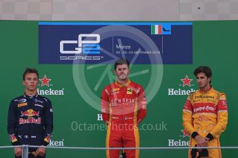World © Octane Photographic Ltd. Racing Engineering – Norman Nato (1st) and Prema Racing – Pierre Gasly (2nd) and Antonia Giovinazzi (3rd). Sunday 4th September 2016, GP2 Race 1 Podium, Monza, Italy. Digital Ref :1707LB1D0002