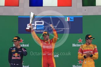 World © Octane Photographic Ltd. Racing Engineering – Norman Nato (1st) and Prema Racing – Pierre Gasly (2nd) and Antonia Giovinazzi (3rd). Sunday 4th September 2016, GP2 Race 1 Podium, Monza, Italy. Digital Ref :1707LB1D0019