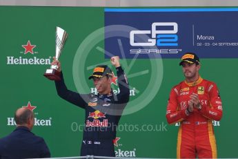World © Octane Photographic Ltd. Racing Engineering – Norman Nato (1st) and Prema Racing – Pierre Gasly (2nd) and Antonia Giovinazzi (3rd). Sunday 4th September 2016, GP2 Race 1 Podium, Monza, Italy. Digital Ref :1707LB1D0026