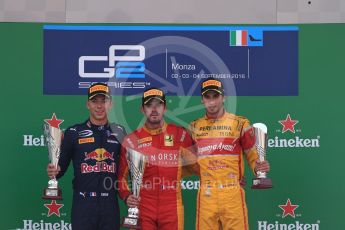 World © Octane Photographic Ltd. Racing Engineering – Norman Nato (1st) and Prema Racing – Pierre Gasly (2nd) and Antonia Giovinazzi (3rd). Sunday 4th September 2016, GP2 Race 1 Podium, Monza, Italy. Digital Ref :1707LB1D0047