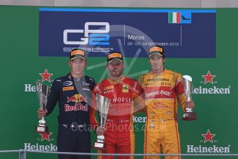 World © Octane Photographic Ltd. Racing Engineering – Norman Nato (1st) and Prema Racing – Pierre Gasly (2nd) and Antonia Giovinazzi (3rd). Sunday 4th September 2016, GP2 Race 1 Podium, Monza, Italy. Digital Ref :1707LB1D0059
