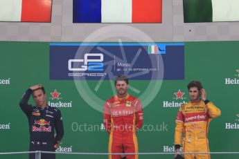 World © Octane Photographic Ltd. Racing Engineering – Norman Nato (1st) and Prema Racing – Pierre Gasly (2nd) and Antonia Giovinazzi (3rd). Sunday 4th September 2016, GP2 Race 1 Podium, Monza, Italy. Digital Ref :1707LB1D9983