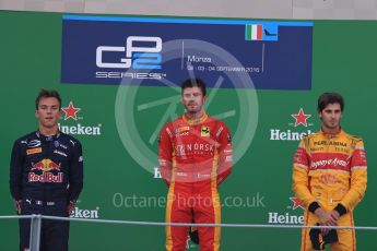 World © Octane Photographic Ltd. Racing Engineering – Norman Nato (1st) and Prema Racing – Pierre Gasly (2nd) and Antonia Giovinazzi (3rd). Sunday 4th September 2016, GP2 Race 1 Podium, Monza, Italy. Digital Ref :1707LB1D9992