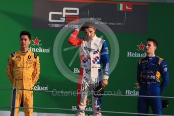 World © Octane Photographic Ltd. Arden International – Jake Dennis and Jack Aitken and DAMS – Jake Hughes. Saturday 3rd September 2016, GP3 Race 1 Podium, Spa-Francorchamps, Belgium. Digital Ref :1706LB1D9271