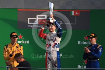 World © Octane Photographic Ltd. Arden International – Jake Dennis and Jack Aitken and DAMS – Jake Hughes. Saturday 3rd September 2016, GP3 Race 1 Podium, Spa-Francorchamps, Belgium. Digital Ref :1706LB1D9313