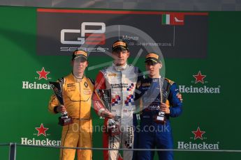 World © Octane Photographic Ltd. Arden International – Jake Dennis and Jack Aitken and DAMS – Jake Hughes. Saturday 3rd September 2016, GP3 Race 1 Podium, Spa-Francorchamps, Belgium. Digital Ref :1706LB1D9329