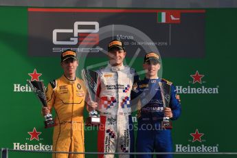 World © Octane Photographic Ltd. Arden International – Jake Dennis and Jack Aitken and DAMS – Jake Hughes. Saturday 3rd September 2016, GP3 Race 1 Podium, Spa-Francorchamps, Belgium. Digital Ref :1706LB1D9339