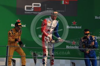 World © Octane Photographic Ltd. Arden International – Jake Dennis and Jack Aitken and DAMS – Jake Hughes. Saturday 3rd September 2016, GP3 Race 1 Podium, Spa-Francorchamps, Belgium. Digital Ref :1706LB1D9350