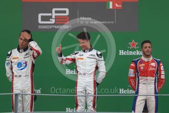 World © Octane Photographic Ltd. ART Grand Prix – Nyck de Vries (1st) and Alexander Albon (2nd) and Trident – Antonia Fuoco (3rd). Sunday 4th September 2016, GP3 Race 2 Podium, Spa-Francorchamps, Belgium. Digital Ref :1703LB1D9721