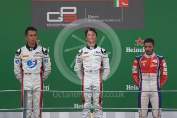 World © Octane Photographic Ltd. ART Grand Prix – Nyck de Vries (1st) and Alexander Albon (2nd) and Trident – Antonia Fuoco (3rd). Sunday 4th September 2016, GP3 Race 2 Podium, Spa-Francorchamps, Belgium. Digital Ref :1703LB1D9733