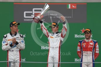 World © Octane Photographic Ltd. ART Grand Prix – Nyck de Vries (1st) and Alexander Albon (2nd) and Trident – Antonia Fuoco (3rd). Sunday 4th September 2016, GP3 Race 2 Podium, Spa-Francorchamps, Belgium. Digital Ref :1703LB1D9773